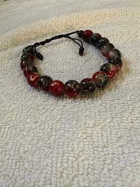 Handmade Red and Black Splatter Glass Bead Adjustable Cord Bracelet